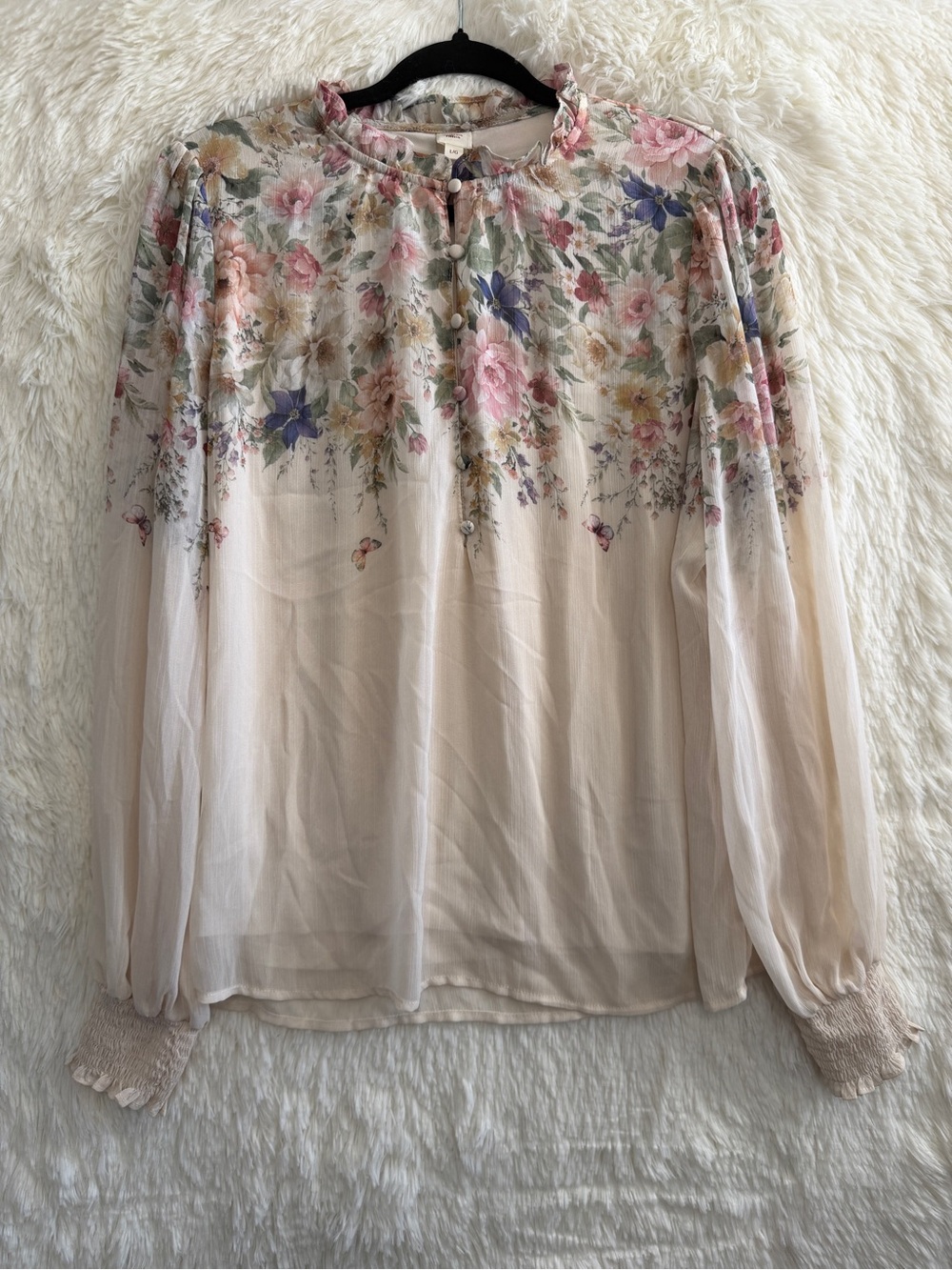 Autres Filles Womens Chiffon Floral Watercolour Sheer Blouse L Cream Cottagecore